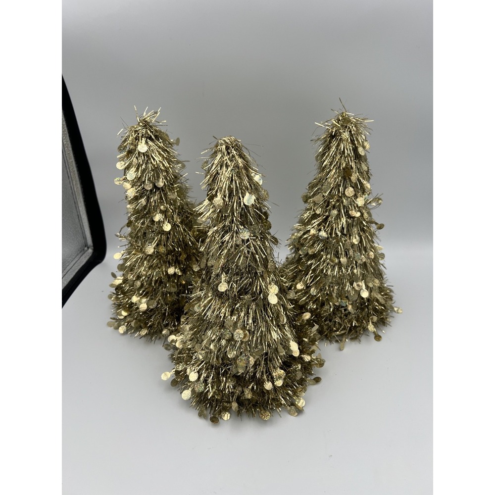 3 Table Christmas Trees Gold Sparkling Tinsel Glitter with Sequin Dots Nostalgic